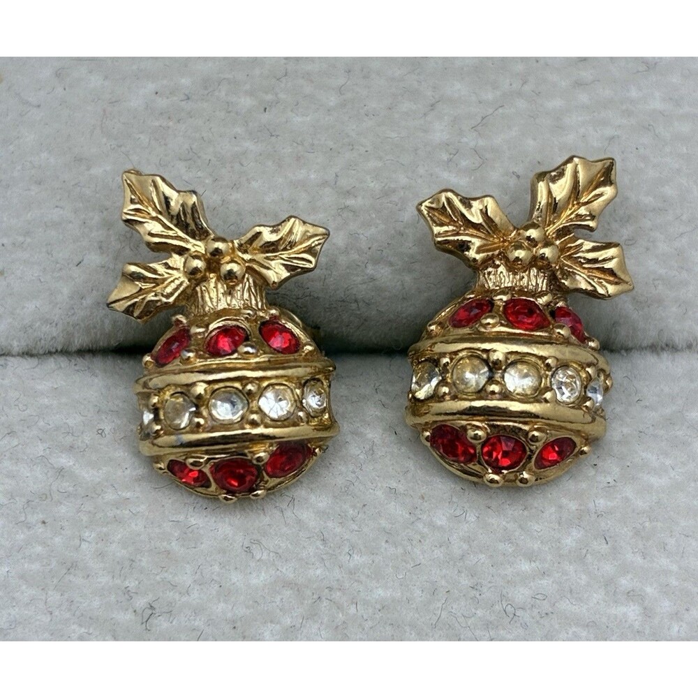 Beautiful VTG AVON Red & Clear Rhinestone Christmas Ornament Stud Earrings Gold
